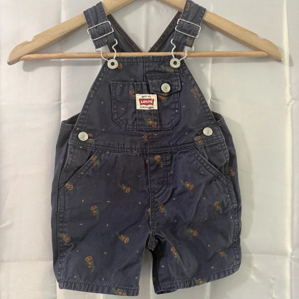 Vintag Levis‎ 12M Parrot Bib Blue Overalls Baby Infant Macaw Bird White Tab
